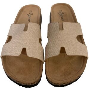 IYNX H Band Metallic Champagne Slide Sandals with Cork Sole; Comfortable Size 10